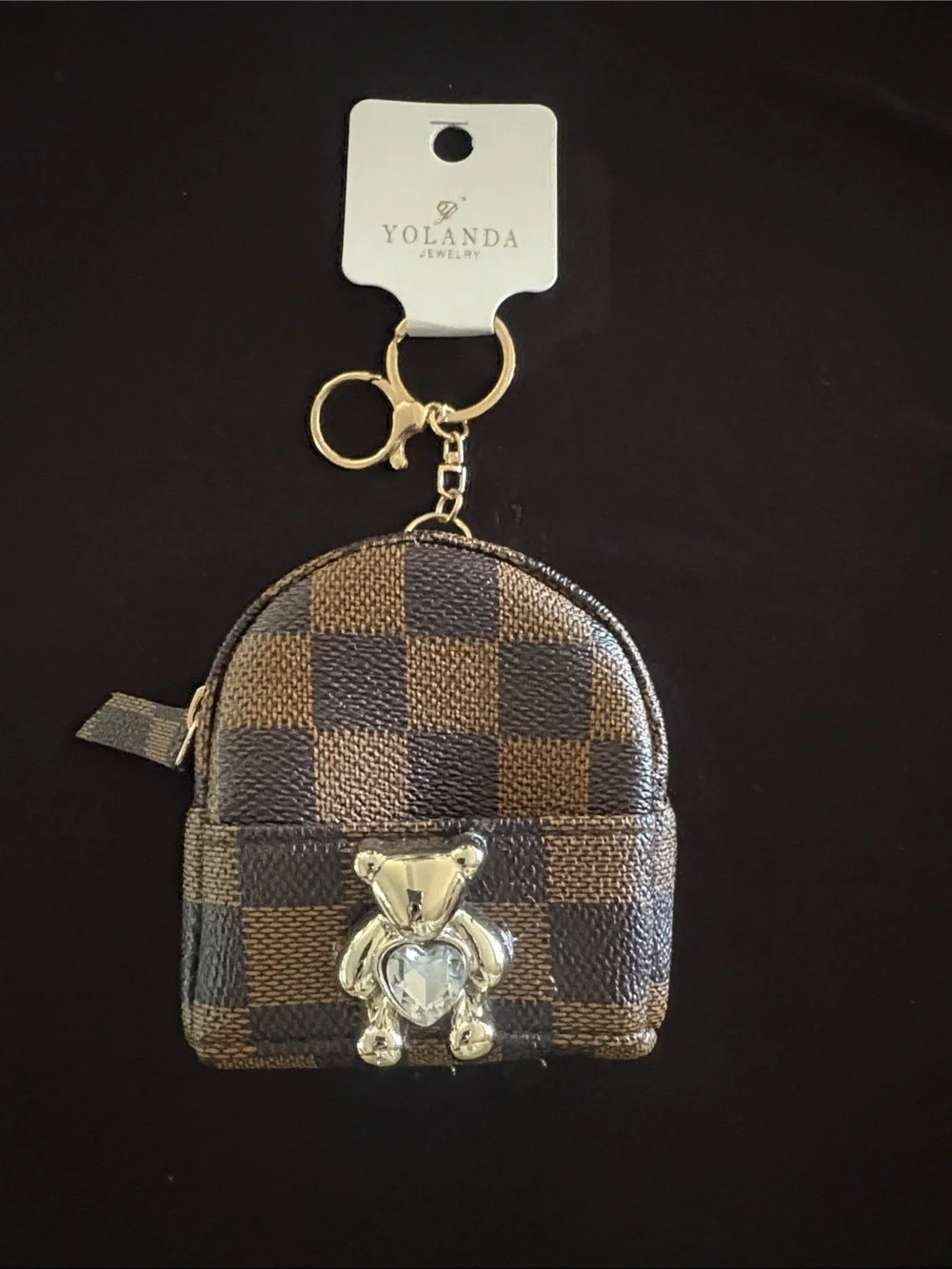 Cute Fashion Brown Checkered Mini Backpack Keychain Bag Charm with Gold Bear